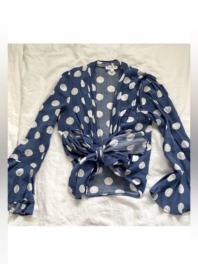 XIX Palms Tie Front Navy Polka Dot Tie-Front Blouse